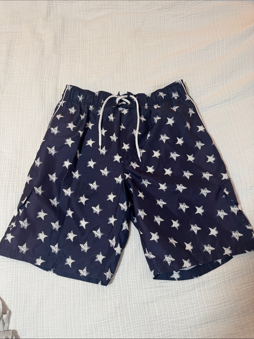 Men's Navy Star Print Swim Trunks with Drawstring